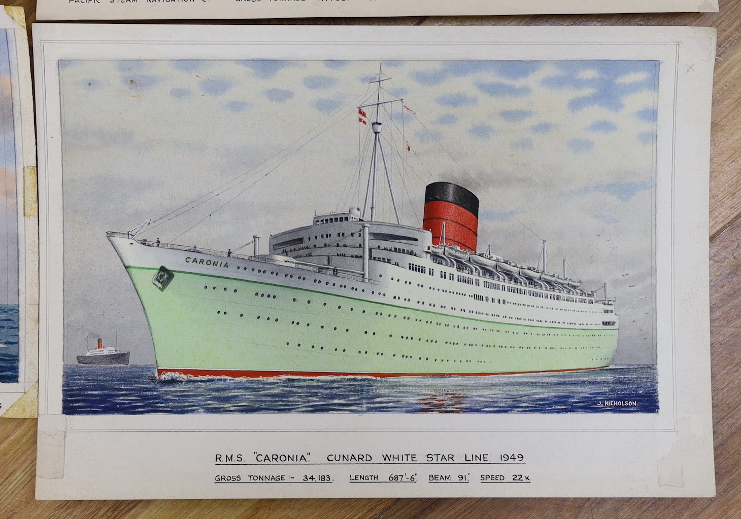 John Nicholson (1920-2003), four watercolours, Ocean liners, signed and titled, overall 21 x 31cm, unframed